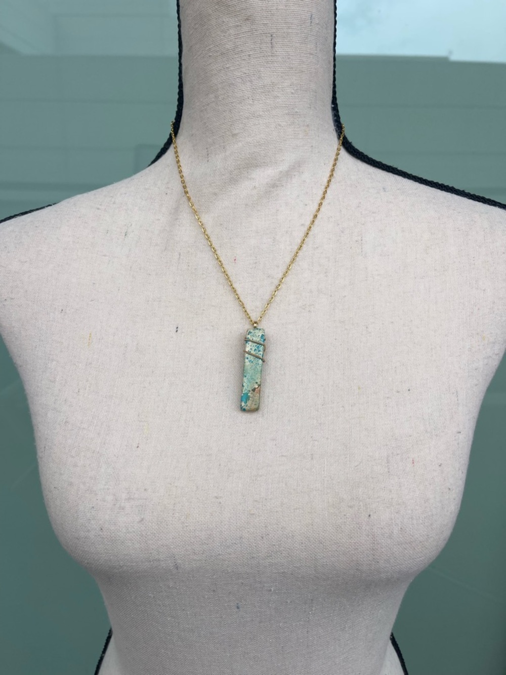 Blue Painted Howlite Rectangular Stone Pendant Necklace with Gold Wire Wrap - Picture 2 of 4